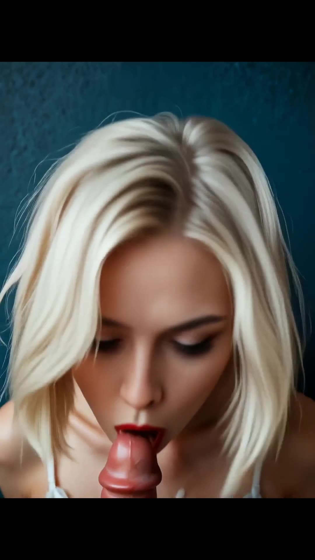 Close-up POV blowjob on dark teal