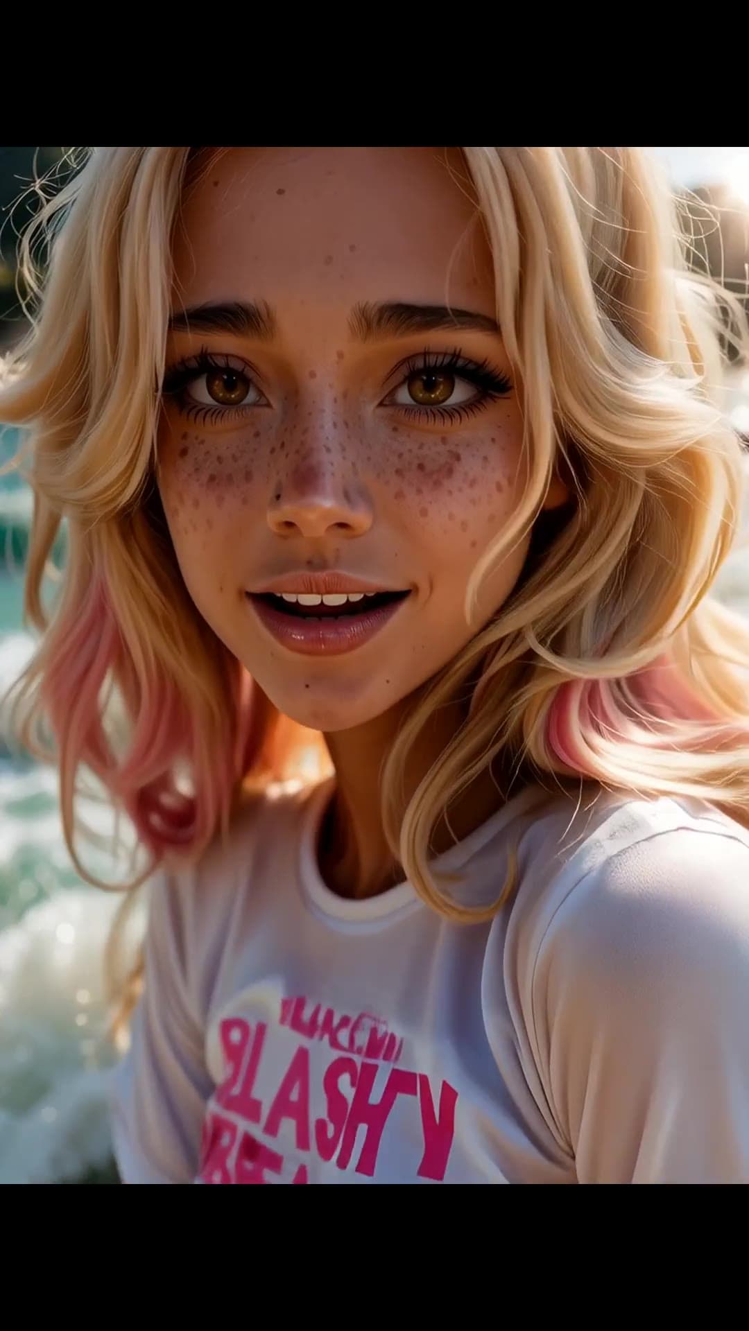 Blonde selfie by sunny pool