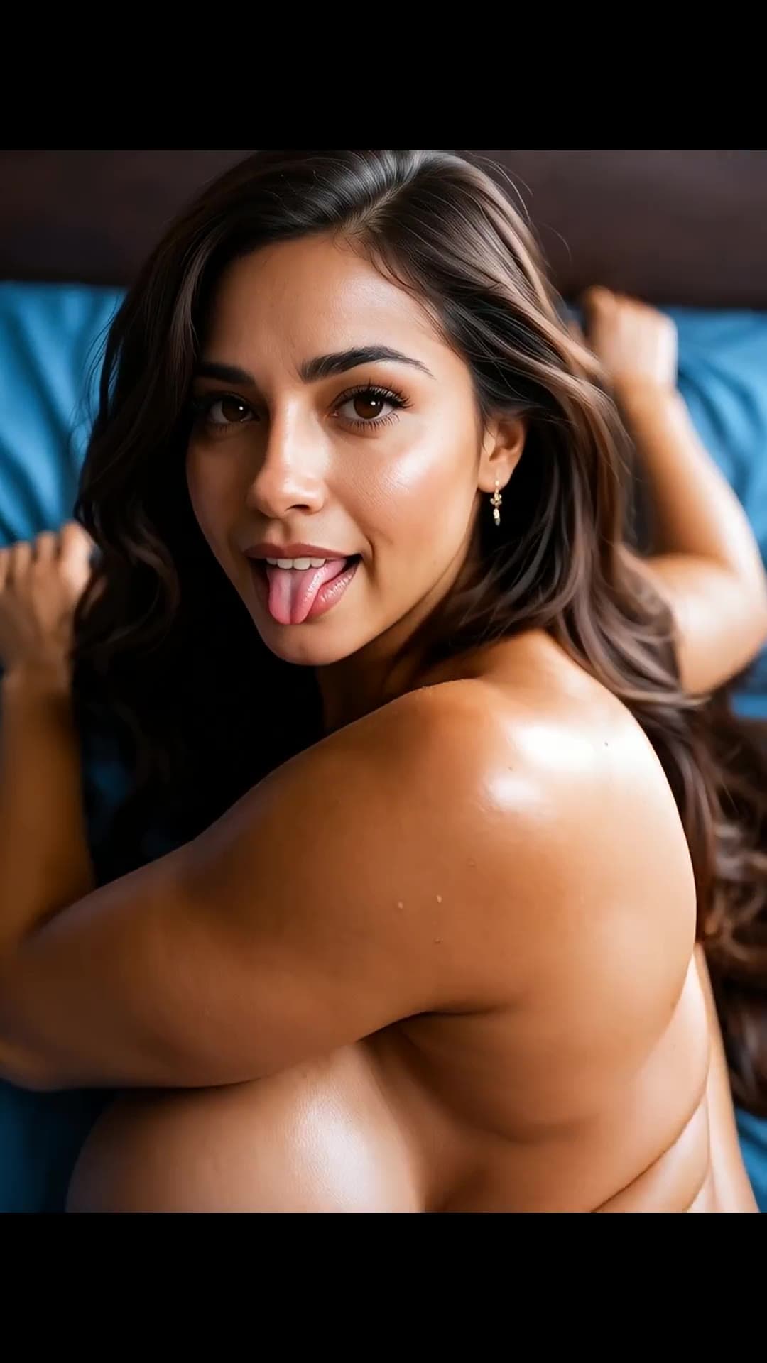 Topless playful selfie on blue sheets