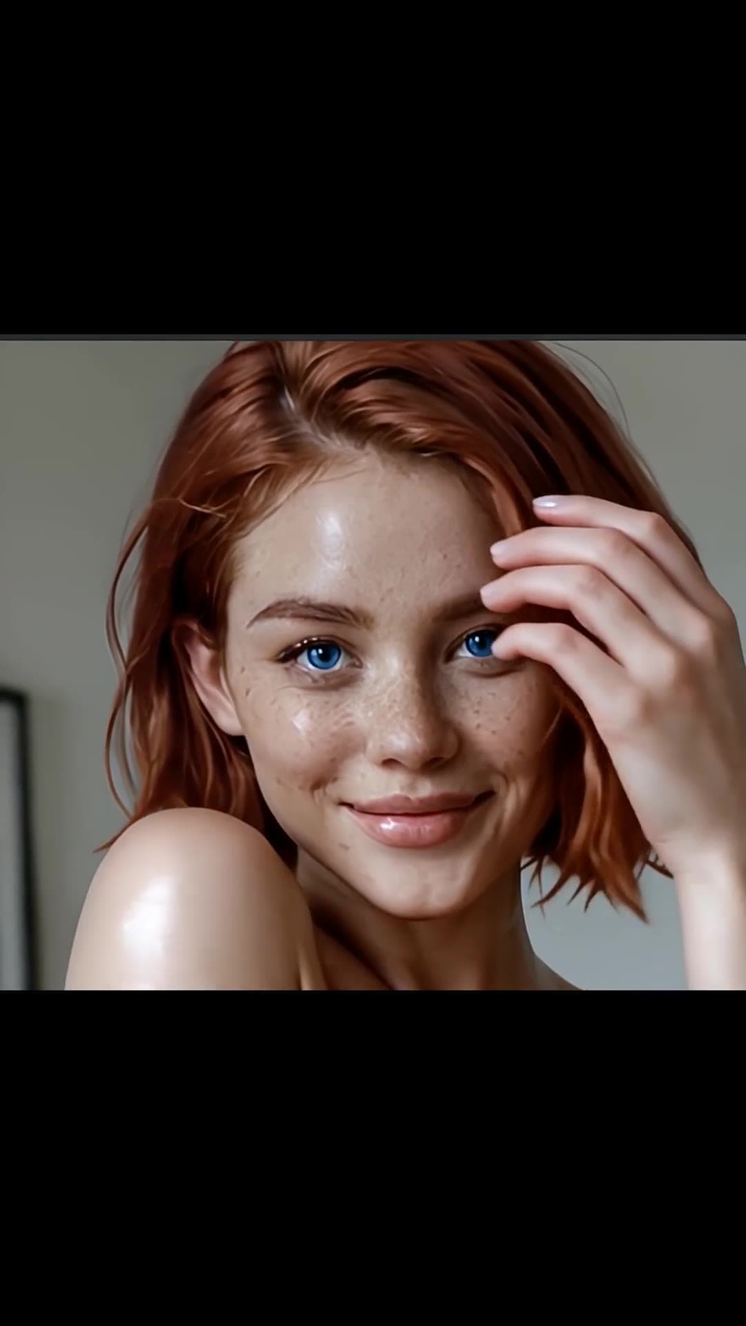 Short auburn hair nude selfie