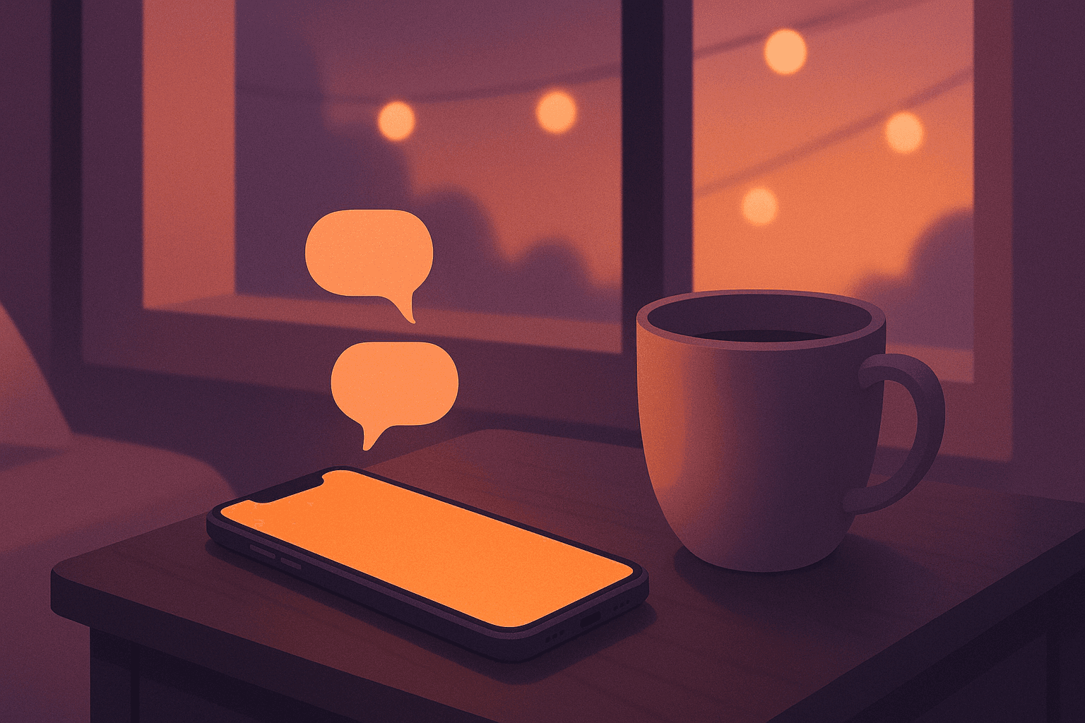 A glowing smartphone with chat bubbles drifting up beside a coffee mug at twilight — the evening AI girlfriend conversation