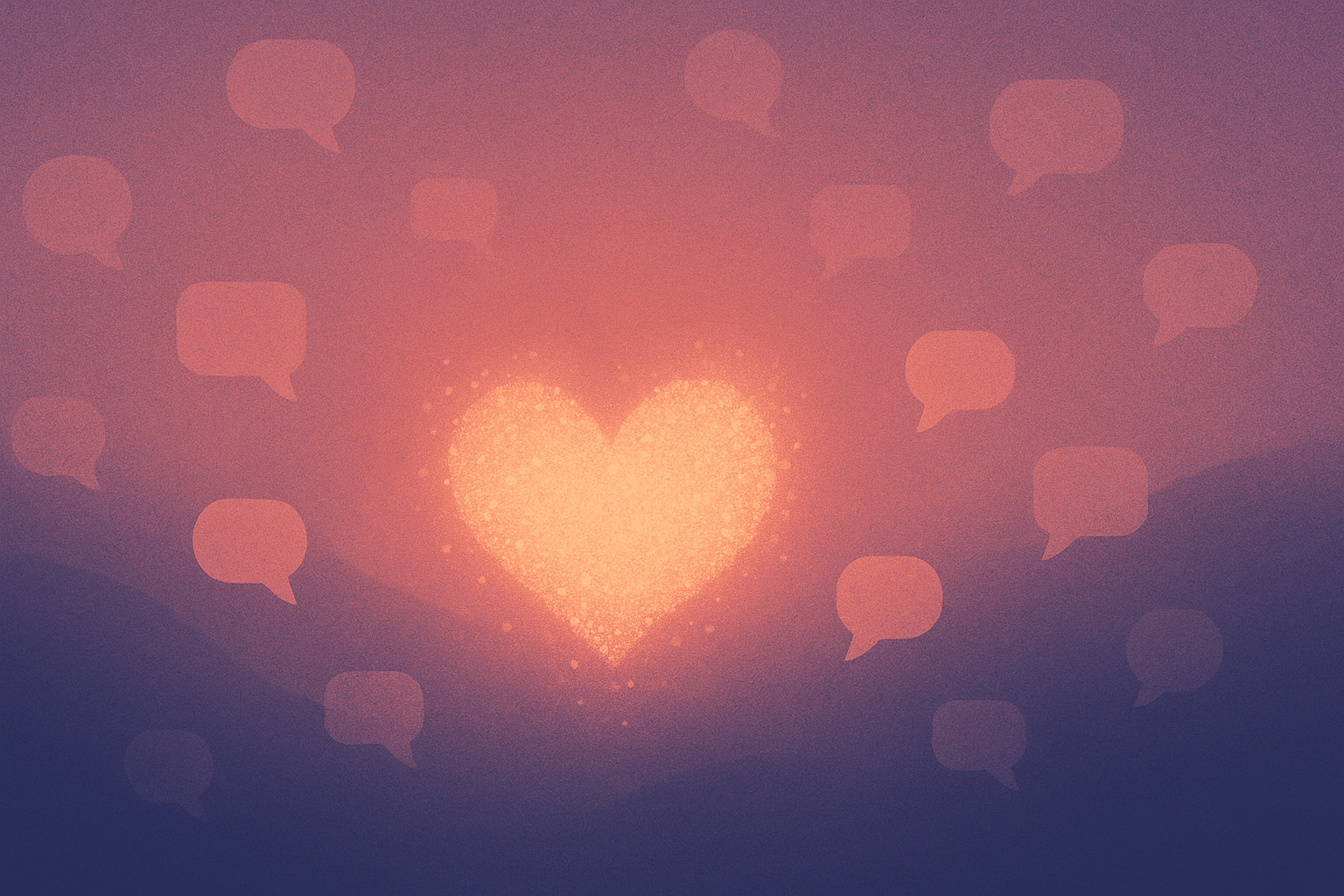 A glowing heart of warm light particles surrounded by soft floating speech bubbles at twilight — picking an AI companion that fits you