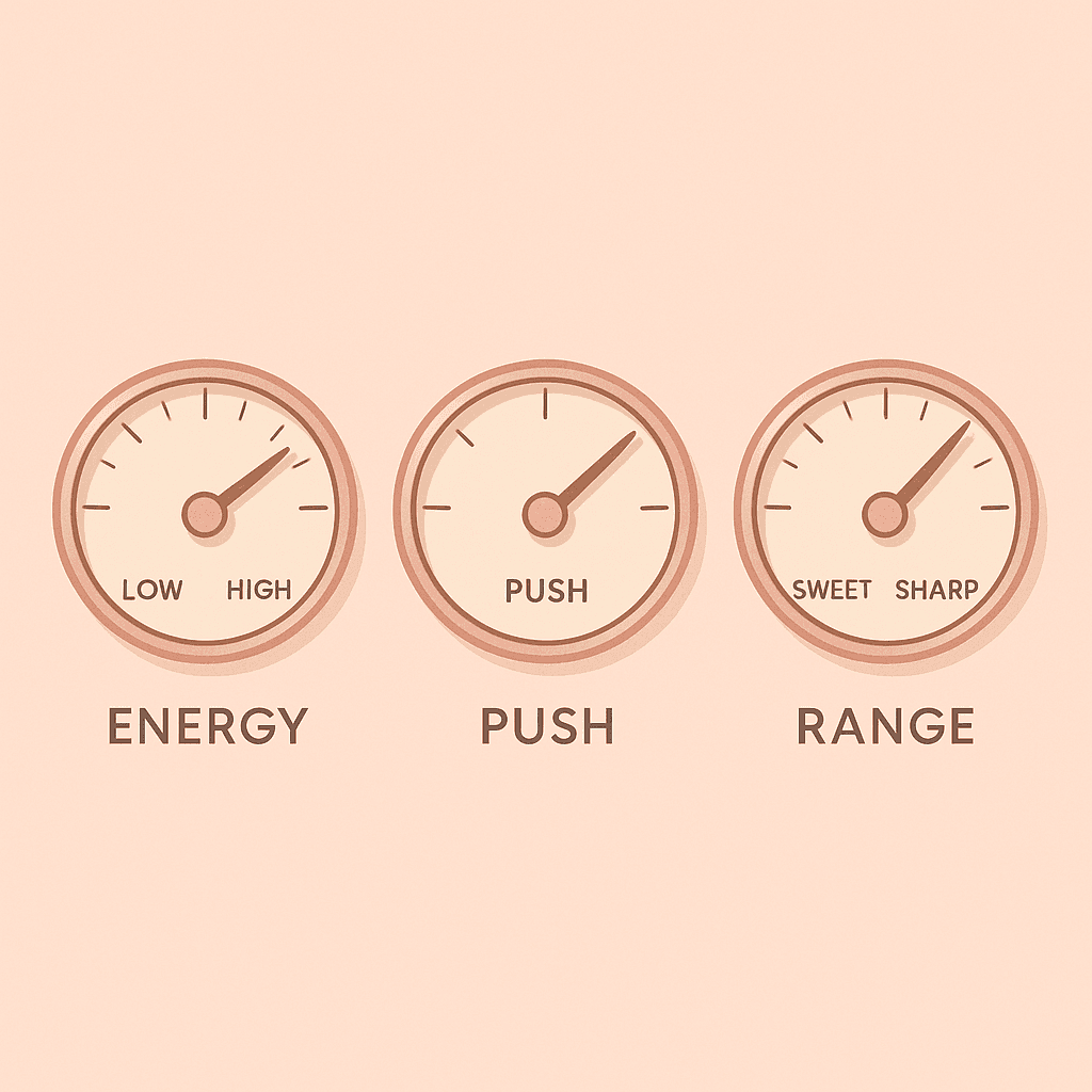 Three radial dials labeled Energy, Push, and Range — the three personality axes for picking an AI girlfriend that fits you