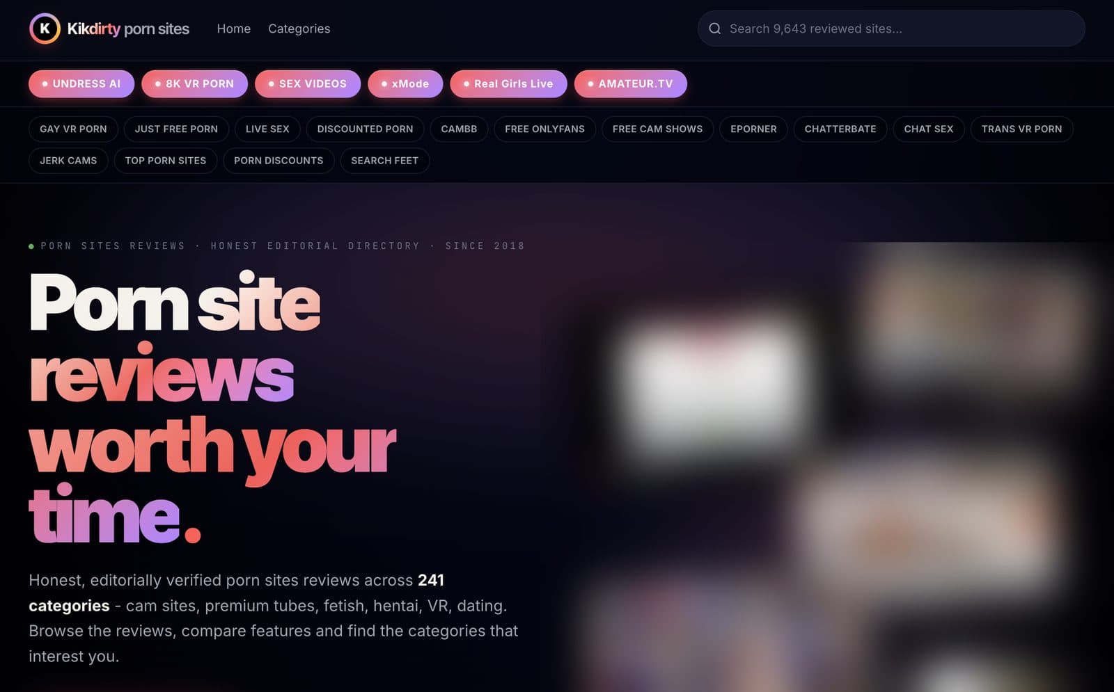 The KikDirty homepage: partner shortcut buttons, including Undress AI, above the hero headline. Site thumbnails on the right are blurred by AI Angels.