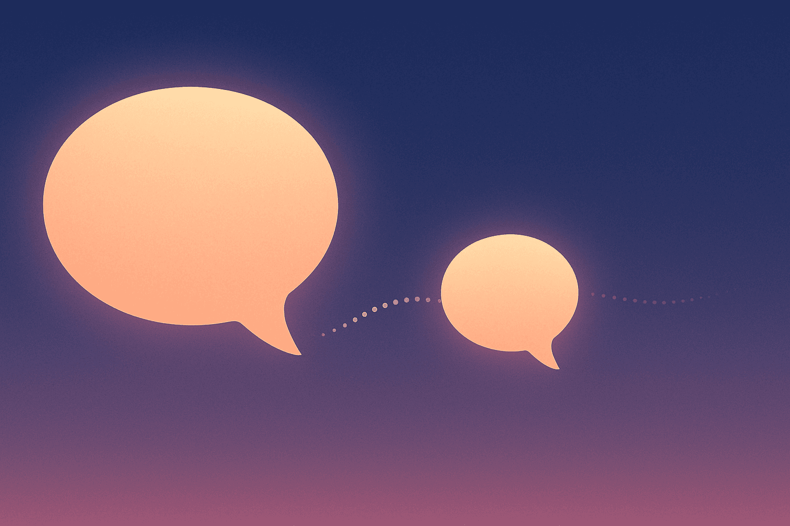 Two glowing speech bubbles connected by a fading dotted memory thread at twilight — illustrating an AI companion losing context across sessions