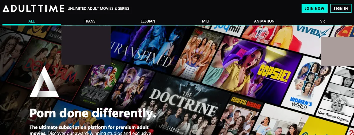 AdultTime homepage, October 2026; age-related labels and some thumbnails covered with solid boxes