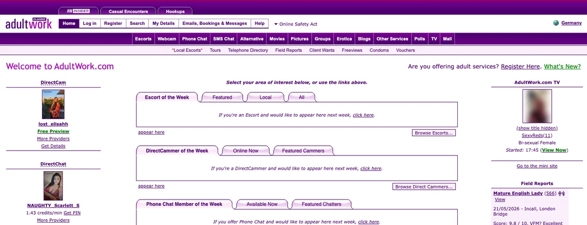 AdultWork Cams homepage, checked October 2026