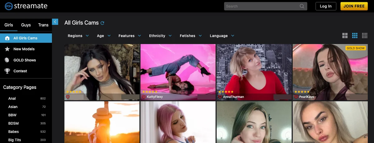 Streamate homepage, October 2026; age-related labels and some thumbnails covered with solid boxes