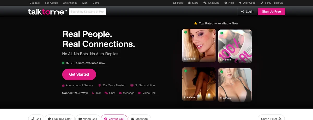 TalkToMe homepage, checked October 2026