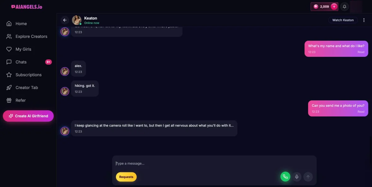 AI Angels chat screen passing the memory test, tested 10 Oct 2026