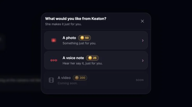 AI Angels in-chat Requests menu with photo, voice note and video credit prices, tested 10 Oct 2026
