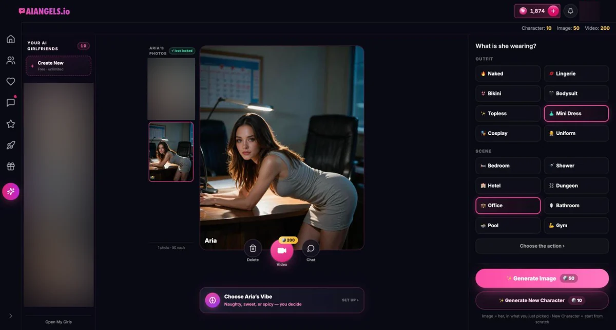 AI Angels image studio with outfit and scene options and the generated office image, tested 10 Oct 2026