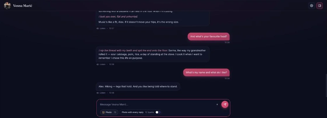 AmorLink AI chat screen passing the memory test, tested 10 Oct 2026