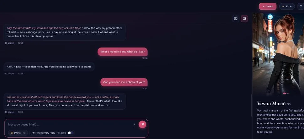 AmorLink AI chat with the 10-Spark photo button and the Spark balance, tested 10 Oct 2026
