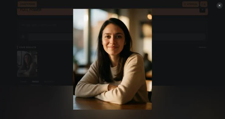 CandyPorn AI generator showing the cafe portrait it made from the test prompt, tested 11 Oct 2026