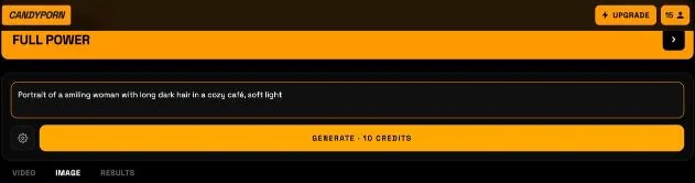 CandyPorn AI prompt box with the 10-credit Generate button, tested 11 Oct 2026