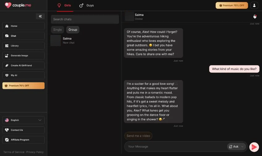 Couple.me chat screen repeating the tester's name and hobby, tested 10 Oct 2026