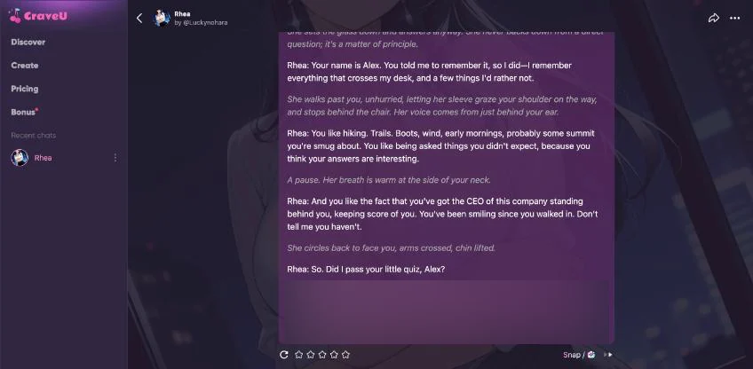 CraveU AI chat screen with the memory test answer, tested 10 Oct 2026
