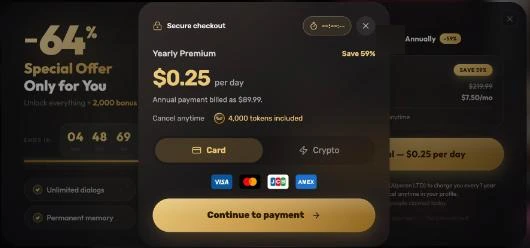 Crushi AI Premium checkout at $0.25 a day, tested 10 Oct 2026