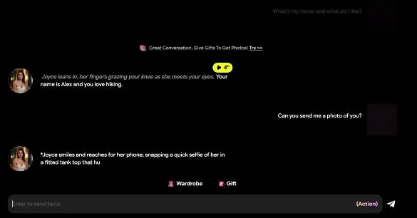 DreamMates chat after a photo request, with the gifts-for-photos prompt, tested 7 Oct 2026