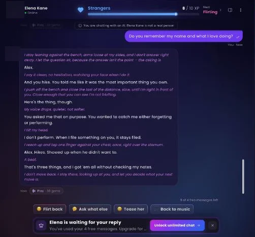 Dreamz AI chat screen passing the memory check next to the free-message wall, tested 11 Oct 2026