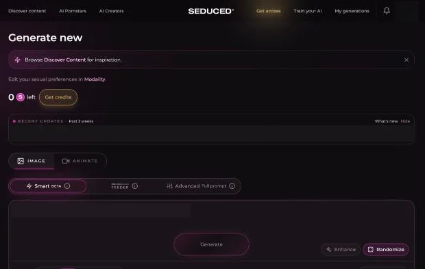 Seduced AI image generator page with 0 credits left, tested 11 Oct 2026